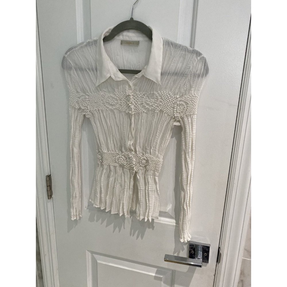 CATHAYA Women's Button Up White Dressy Ruuched Design Blouse Size Small